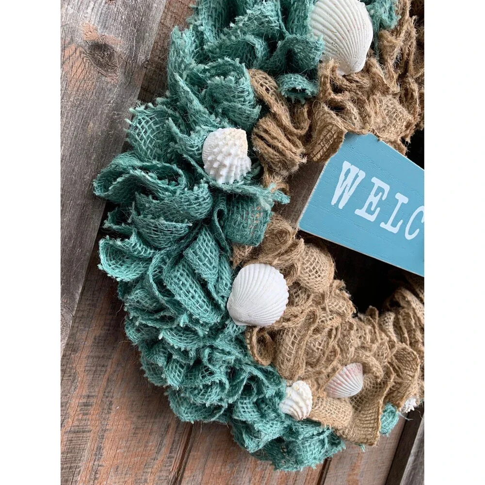 Beachy Coastal WELCOME Wreath Ruffle Aqua/Natural Bulap & Seashells Handmade New